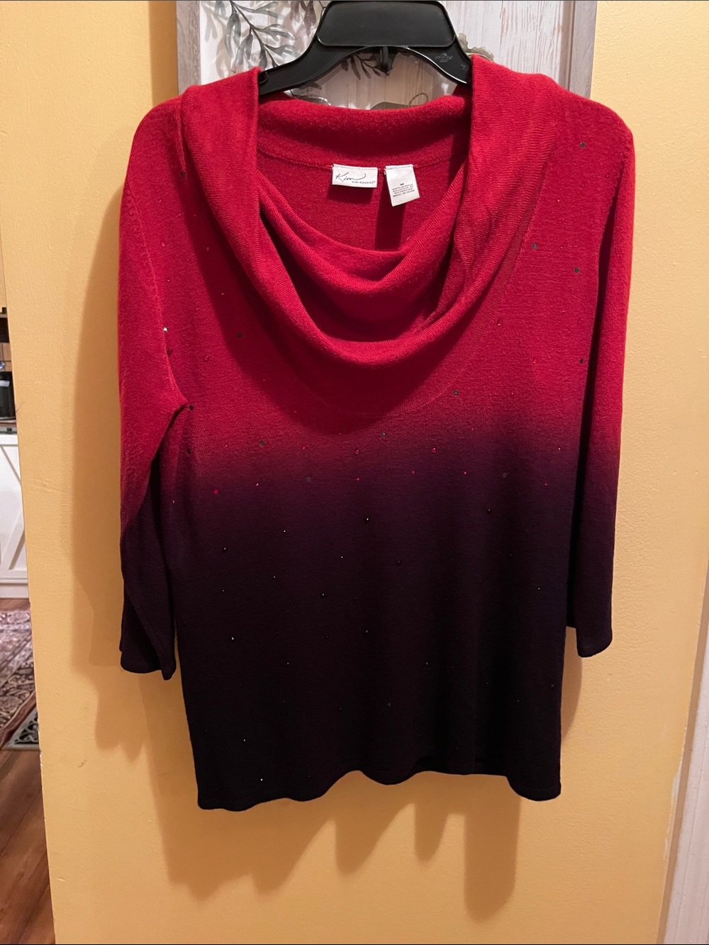 Kim Rogers Red-to-Black Ombre Cowl Neck Sweater with Rhinestones
